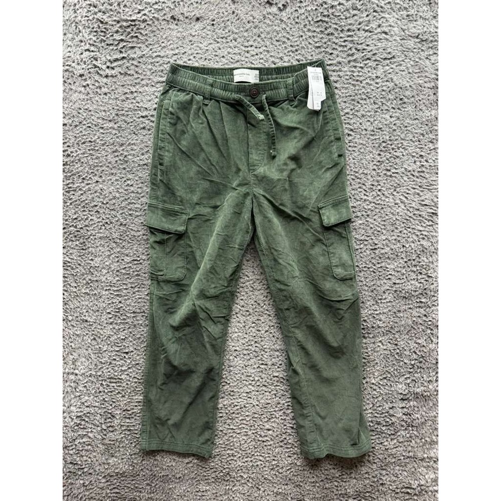 NWT Abercrombie Kids Baggy Corduroy Cargo Pants Olive‎ Green Kids Size 13/14 Reg